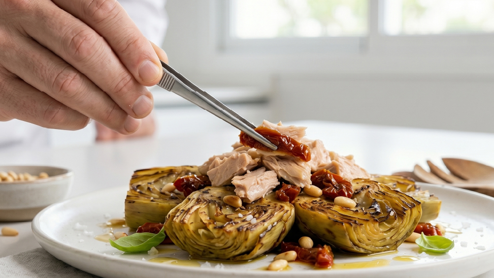 Recipe featuring light tuna in water, artichokes, and sun-dried tomatoes.